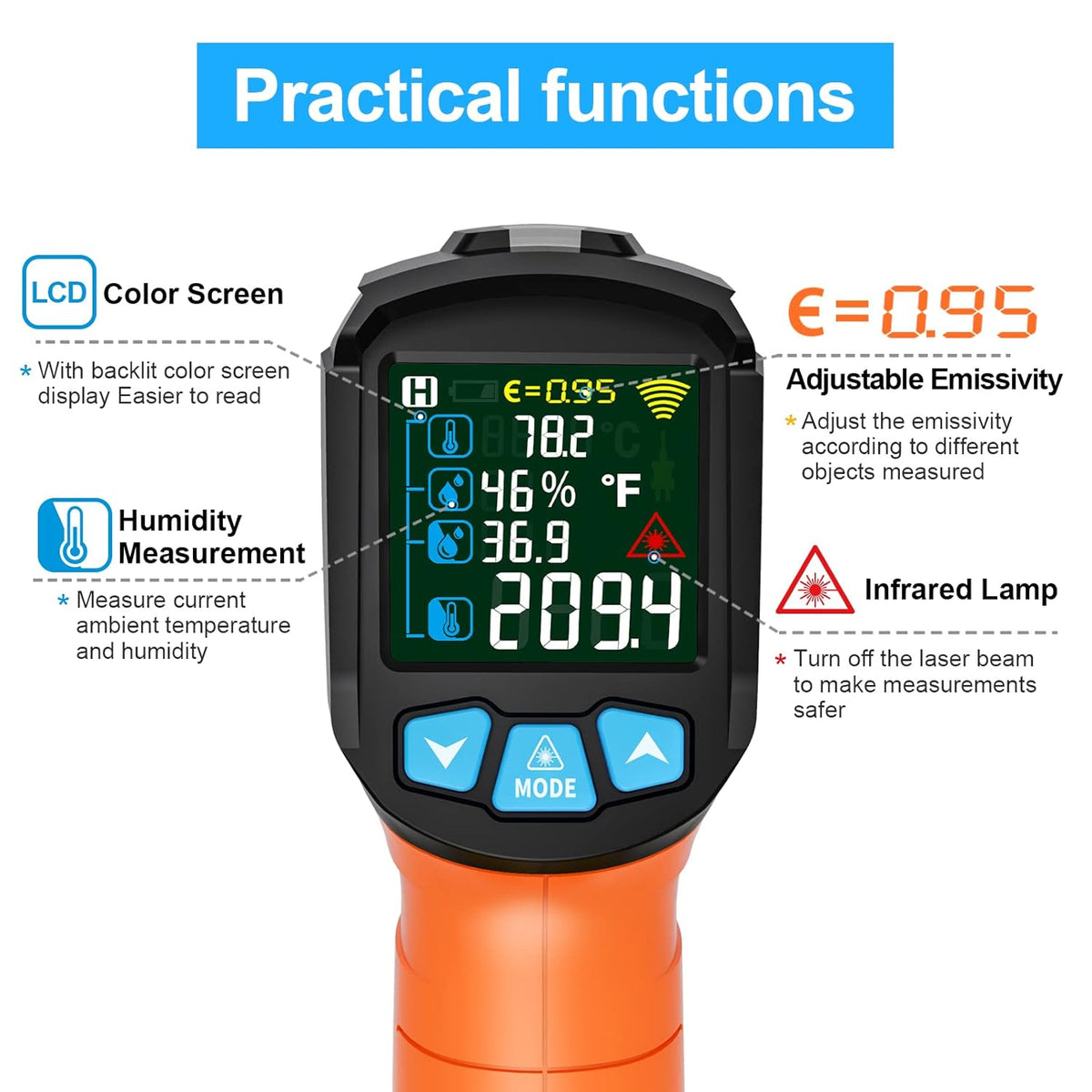Infrared Thermometer Gun, Non Contact Digital Laser Thermometer Temperature Gun with Color LCD for Cooking, Home Repairs, Humidity Measurement, Adjustable Emissivity -58°F to 1472°F(-50~800°C)