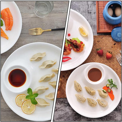 9-Inch White Ceramic in-Dish Serving Plate with Sauce Compartment for Dumplings Snacks and Appetizers - Elegant Dining Solution