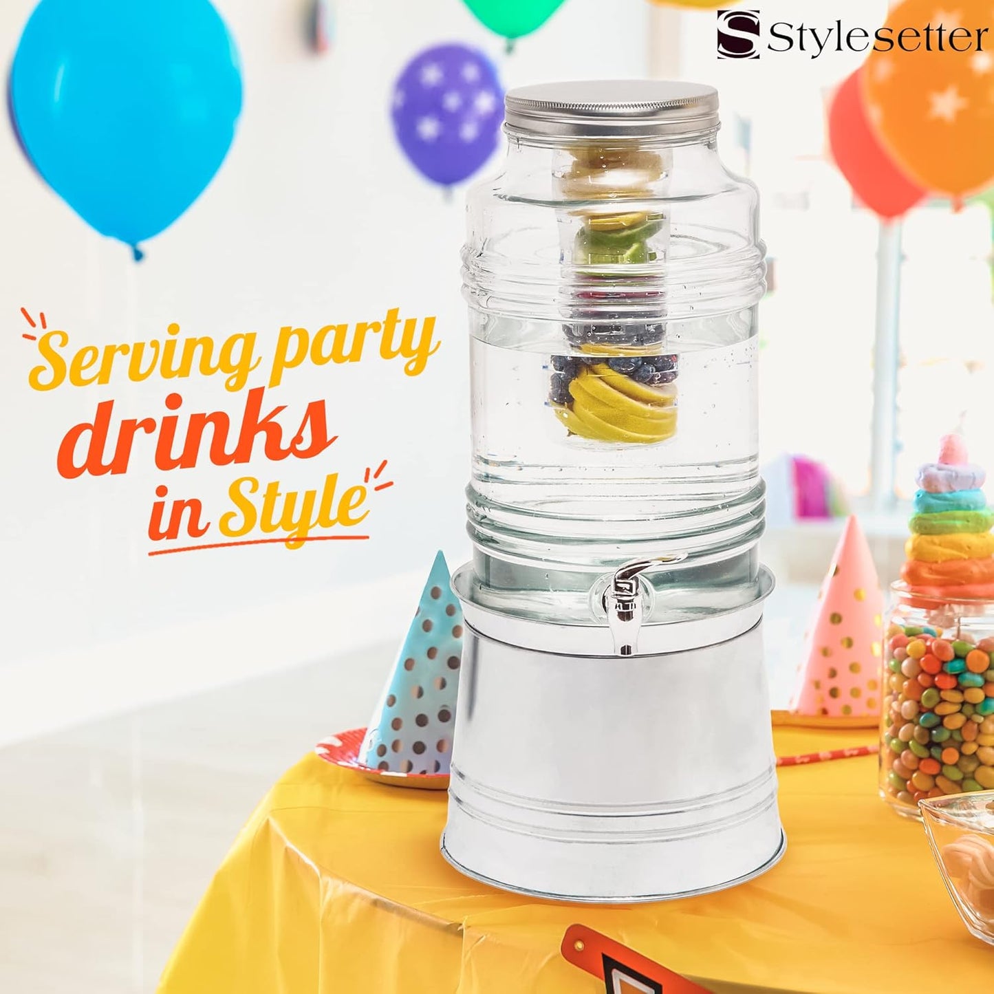 Style Setter Patchwork Beverage Dispenser Cold Drink Dispenser w/ 2.4-Gallon Capacity Glass Jug, Ice Insert, Fruit Infuser, Galvanized Base, Leak Proof Spigot Great for Parties Weddings
