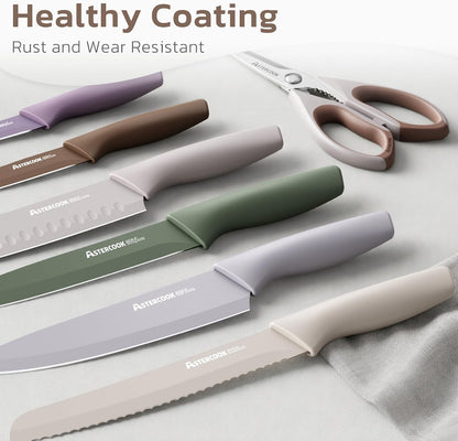Astercook Knife Set, 13 Pieces Kitchen Knives Set with Healthy Anti-Rust Coating, Dishwasher Safe, Stainless Steel Chef Knife Sets with 6 Blade Guards, Perfect Holiday Gifts for Kitchen