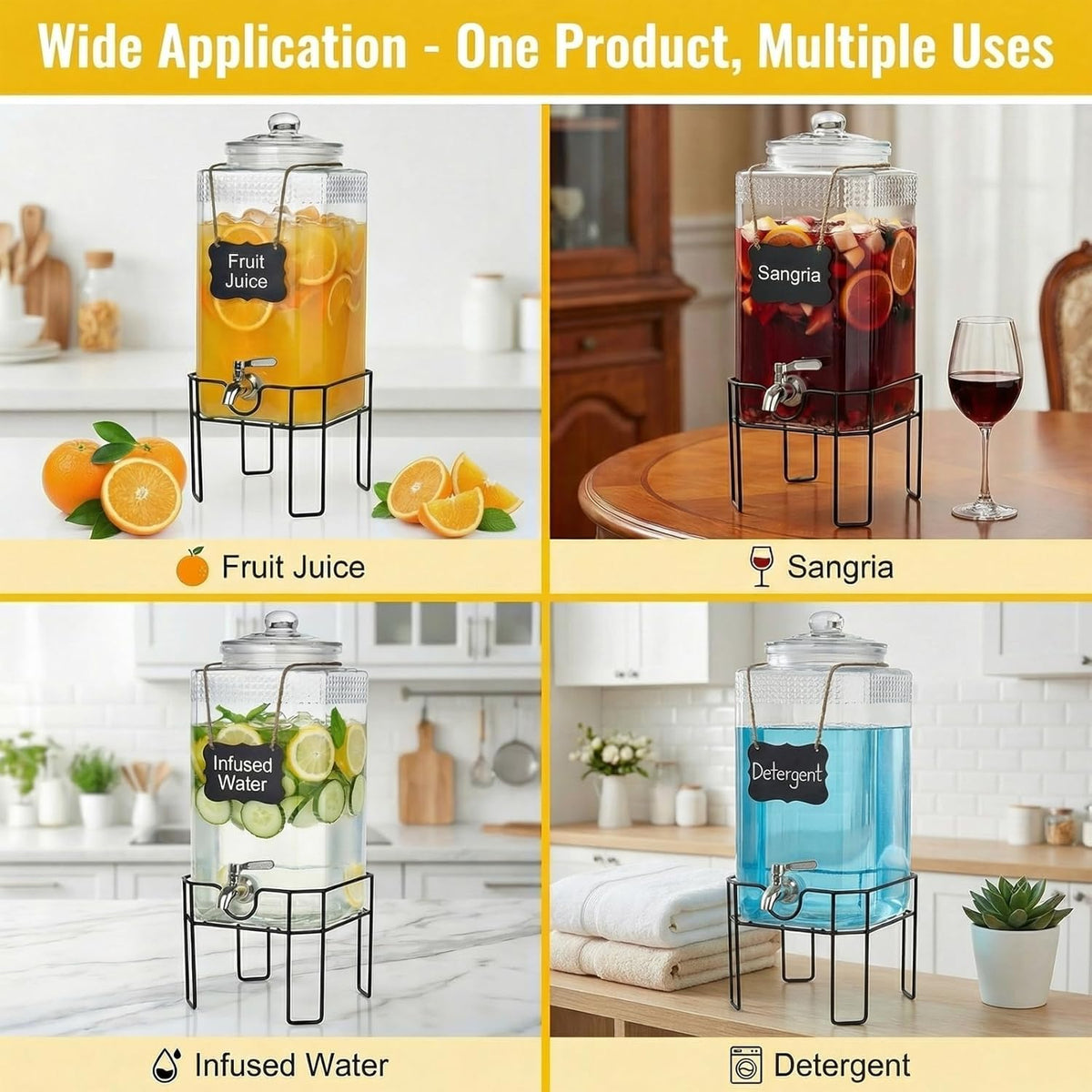 Drink Dispenser, Drink Dispensers for Parties, 1 Gallon Glass Beverage Dispenser with Stand and Glass Lid, 100% Leakproof Spigot, Ideal for Lemonade, Juice, Iced Tea, Laundry Detergent