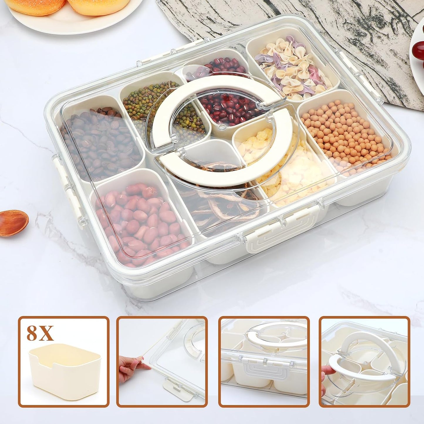 Reusable Divided Serving Tray with Lid,Snack Tray with Lid and Handle for Portable Snack Platters, Fruit Platters,Clear Snack Containers Ideal for Travel,Picnic,Party,2 Pcs