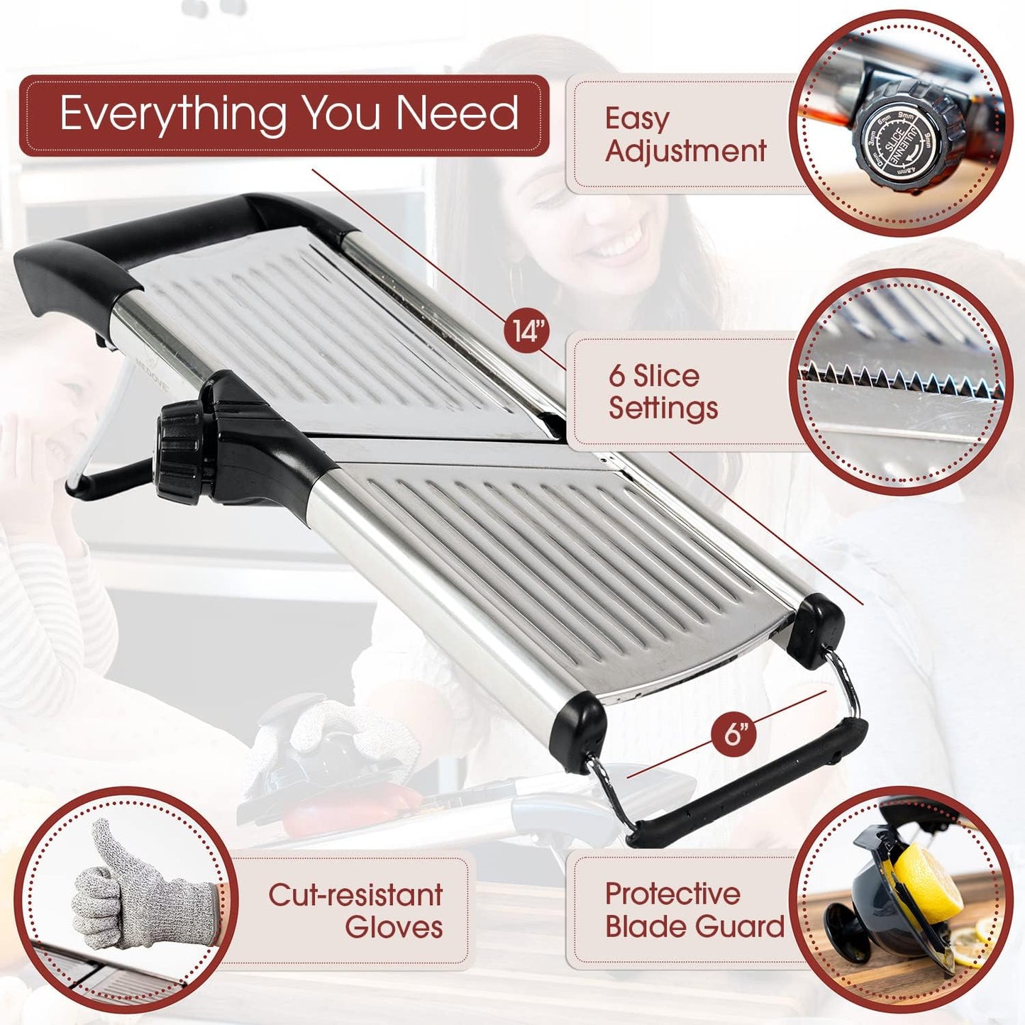 Stainless Steel Mandoline Slicer for Kitchen – 6-Setting Adjustable, 16.5 x 5 In. Platform, Hand Guard, Cut-Resistant Gloves – Vegetable Chopper, Meat Slicer, Cheese Slicer by Medove