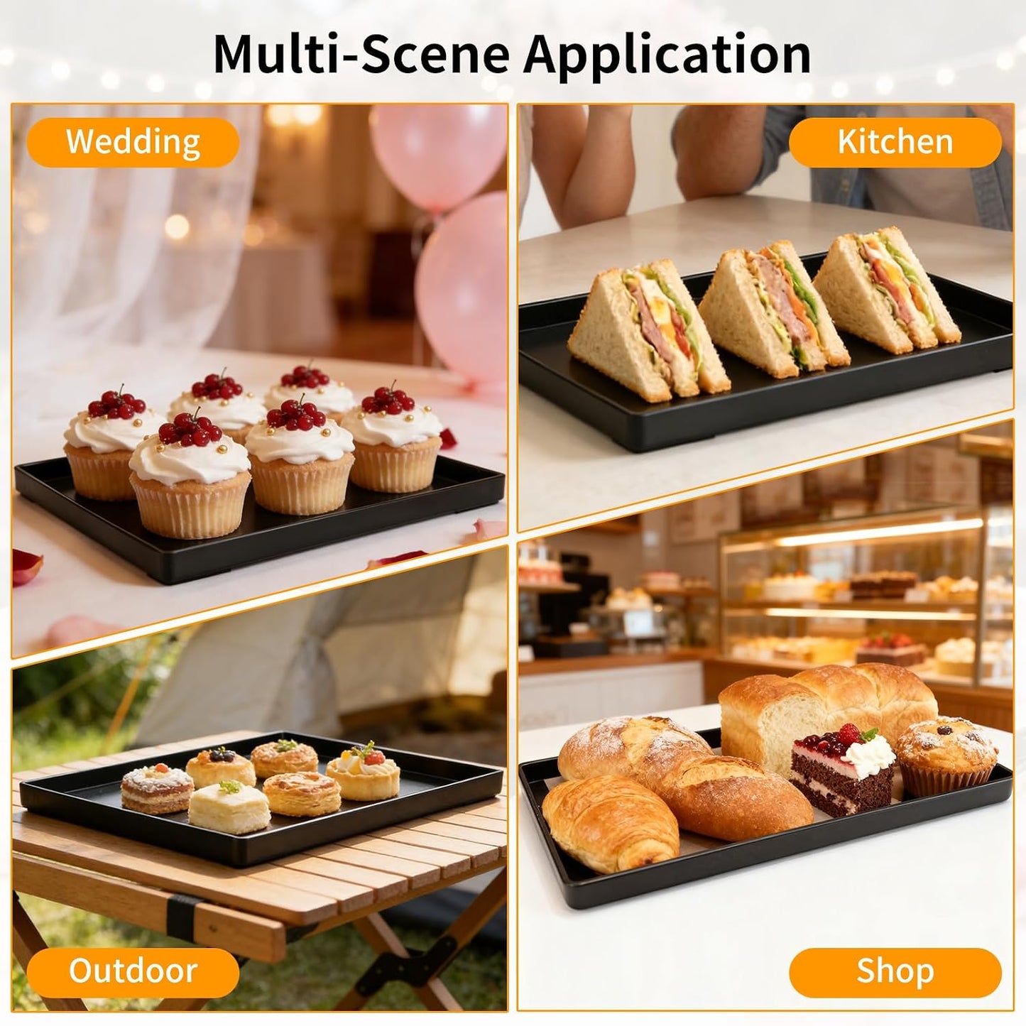 Plastic Serving Tray for Party Supplies Serving Platter for Food Reusable Platters for Catering Snack Fruit Charcuterie Appetizer Hosting Essentials (4pcs Black, 13 × 4.7 in)
