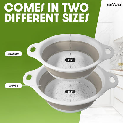 Collapsible Colanders (2 Pack Set) Food Strainers with Over-Sink Water Draining Base for Pasta Fruits and Vegetables (4 and 5 Quart) - White Beige