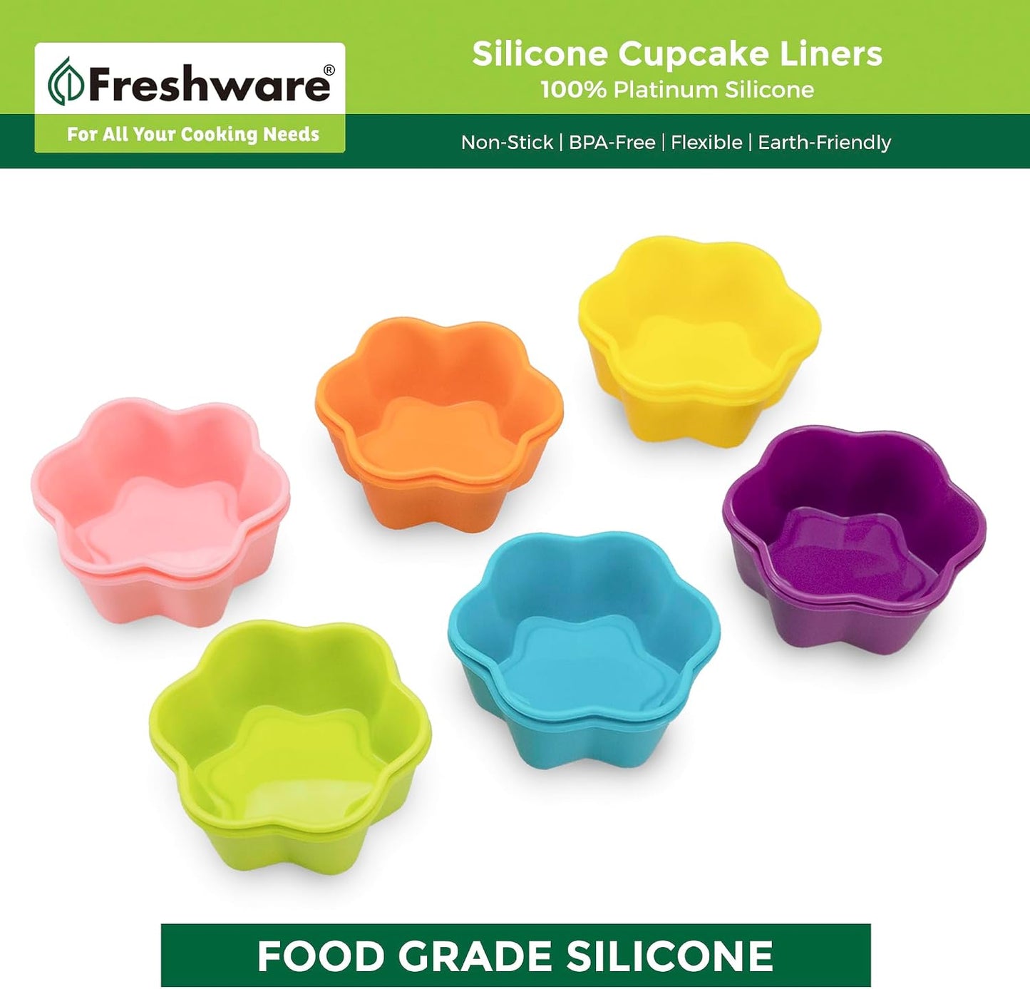 Freshware Cupcake Liners, Pack of 12 Silicone Muffin Cups, Baking Cups, Reusable & Non-stick Cupcake Liners for Party Halloween Christmas, Round