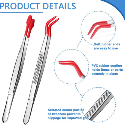 2 Piece Tweezers with Rubber Tips Set, Straight Tip PVC-Coated Precision Tweezers, Rubber Flat Tip Long Bent Tweezers, for Stamps Coins Jewelry Crafts Industrial Electronic Lab