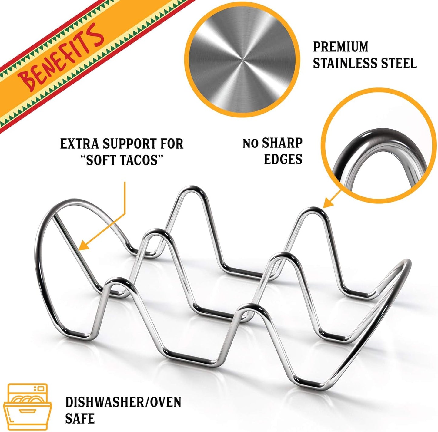 WIDBI Premium Taco Holders - 4 Pack Stainless Steel Taco Stands Holds 12 Standard Tacos (3 Each) - Fits Most Plates & Air Fryers - Dishwasher & Oven Safe – For Soft & Hard Shell Tacos