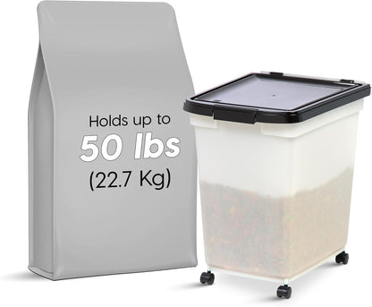 IRIS USA Airtight Dog Food Storage Container, WeatherPro, Up to 25 lbs, Removable Wheels, for Dog Cat Bird and Other Pet Food Storage Bin, Keep Fresh, Translucent Body, Made in USA, Clear/Black