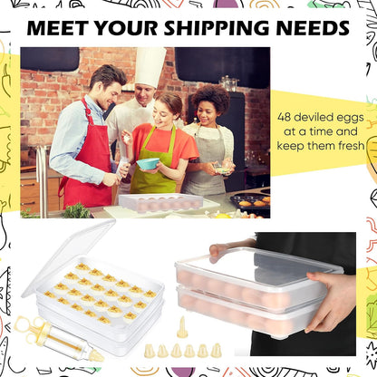 Deviled Egg Carrier with Syringe Stackable Stackable Clear Holder with Lid for Refrigerator Portable 48 Eggs Dispenser Storage Containers Tray(Without Handle)