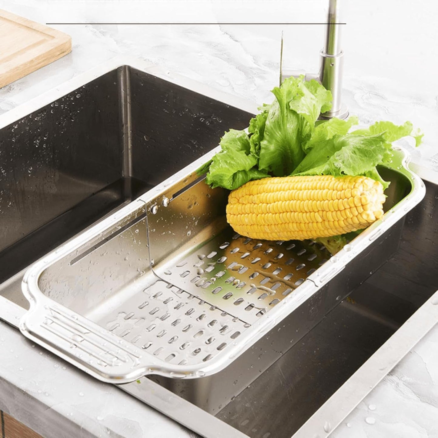 Extendable Over the Sink Colander Strainer Basket, Stainless Steel Retractable Kitchen Sink Basket - Wash Vegetables, Fruits, Drain Pasta and Dry Dishes XL (XL)