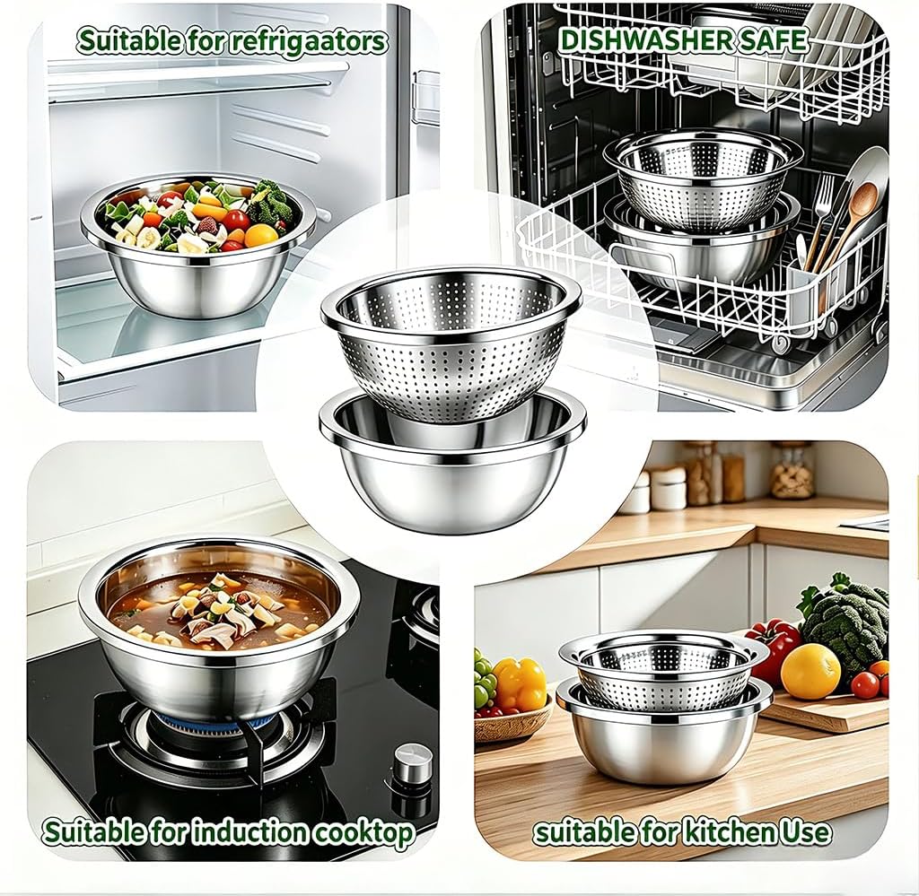 4-Piece Stainless Steel Mixing Bowls and Microporous Colanders Set, 3QT & 5QT Nesting Bowls with Fine Drain Strainers for Washing Rice, Fruits, Vegetables, Pasta, and More