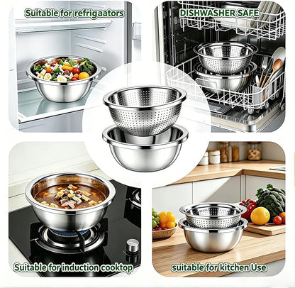 4-Piece Stainless Steel Mixing Bowls and Microporous Colanders Set, 3QT & 5QT Nesting Bowls with Fine Drain Strainers for Washing Rice, Fruits, Vegetables, Pasta, and More