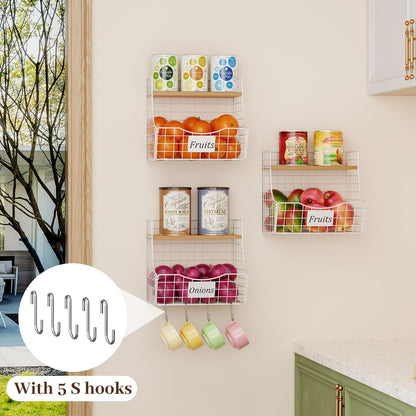3 Pack Extra Large Fruit Basket for Kitchen with Wood Lid Nameplate - Counter&Wall Mounted Onion and Potato Storage Bin, Stackable Metal Hanging Wire Baskets,15.74 * 8.66 * 10.63 inch