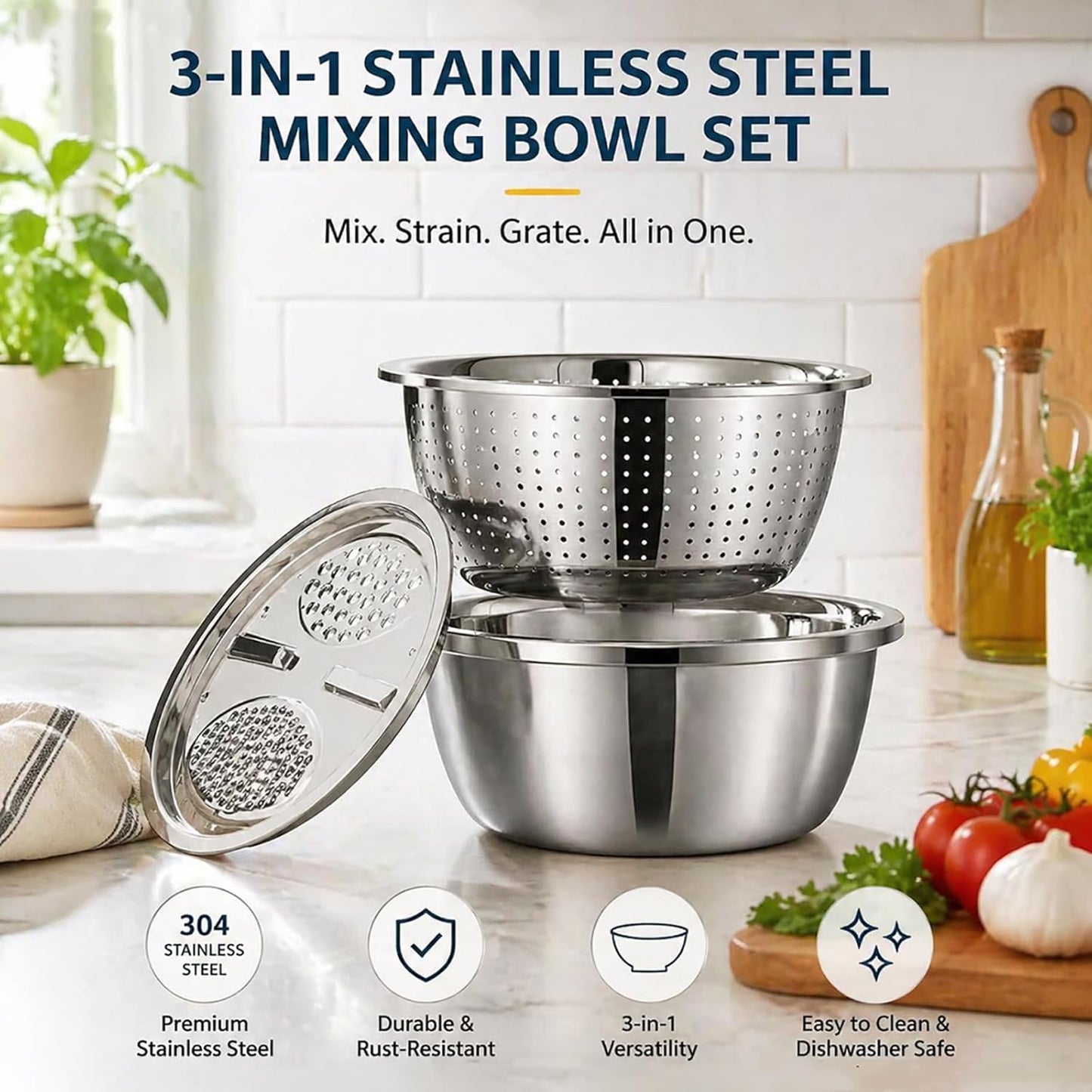 3 in 1 Stainless Steel Mixing Bowls Set - Multifunctional Colander with Grater & Vegetable Slicer, Stackable Kitchen Strainer Drain Basket for Rinsing, Washing, Mixing & Food Prep, Food Grade, 3Pcs