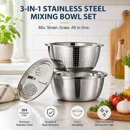 3 in 1 Stainless Steel Mixing Bowls Set - Multifunctional Colander with Grater & Vegetable Slicer, Stackable Kitchen Strainer Drain Basket for Rinsing, Washing, Mixing & Food Prep, Food Grade, 3Pcs
