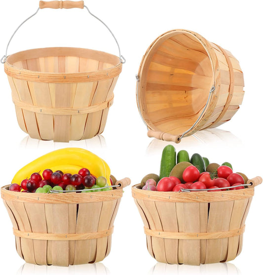 4 Pcs 6 Inch Tall by 9.5 Inch Diameter Round Wooden Baskets, Harvest Basket Garden Basket Food Service Display Baskets Wood Fruit Buckets with Handle for Party Favors Storage Organizing (Wood Color)