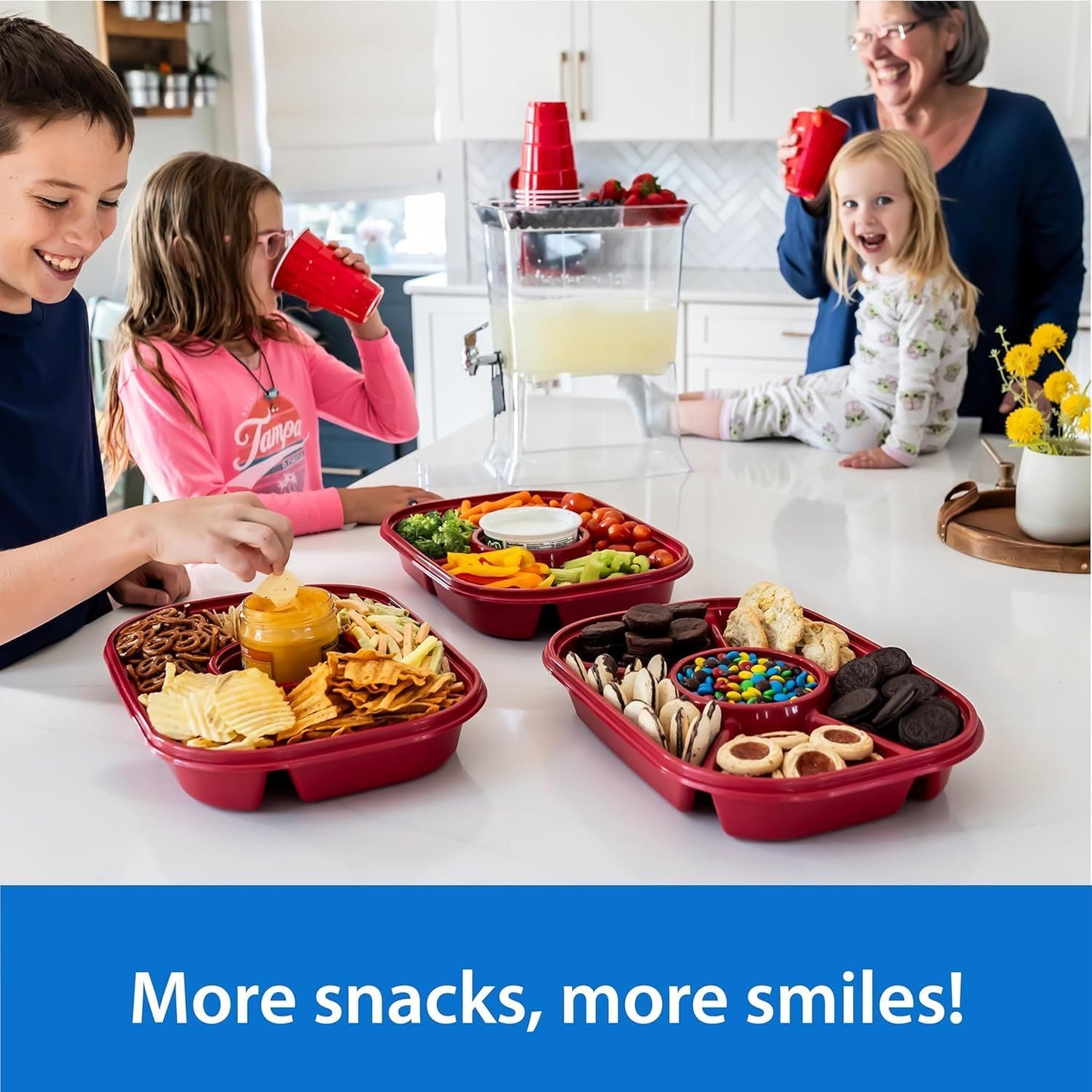Buddeez Jumbo Divided Serving Tray with Lid - Includes 6 Bins for Party Platter, Snackle Box Container, Fruit and Veggie Tray, Chip