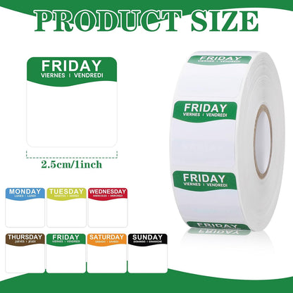 Sayglossy 7000 Pcs Day of Week Label Food Label Monday Through Sunday Management Inventory Sticker Removable Weekly Self Adhesive Date Dot Sticker for Restaurant Kitchen Container (Square)