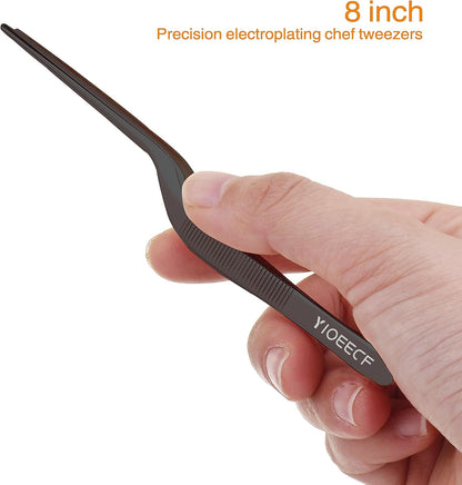 8 Inch Black Stainless Steel Precision Kitchen Cooking Offset Tweezer，for Cooking Food Design Styling