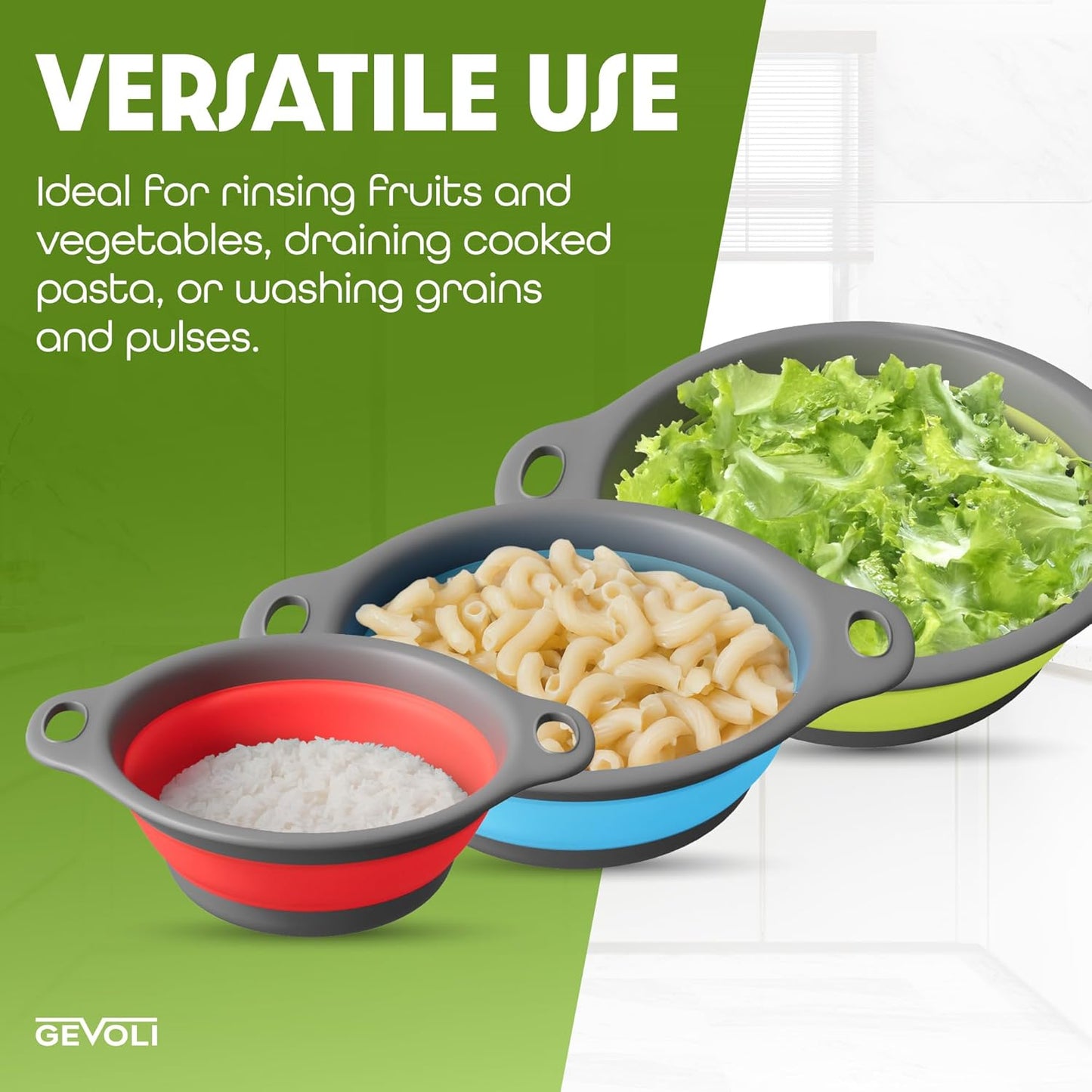 Gevoli 3-Pack Collapsible Colanders with Self-Draining Base, Over Sink-edge Silicone Food Strainers, Small/Med/Large Sizes, Nesting for Easy Compact Storage (3Qt, 4Qt, 5-Quart Set) Green/Gray