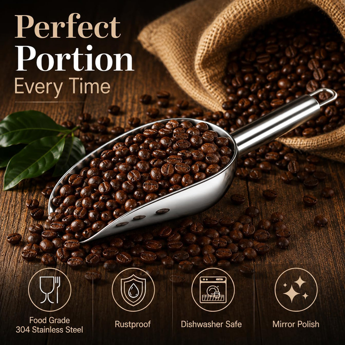 JBscoop Stainless Steel Scoop for ice, 9.6 Inch Metal Food Scoop Kitchen Bar Party Wedding Heavy Duty Dishwasher Safe - 8 Oz