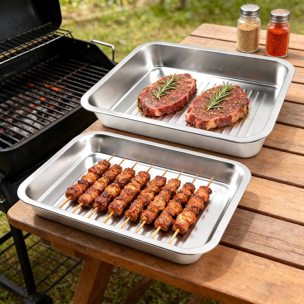 Grilling Prep and Serve Tays Set of 4, Stainless Steel Large Food Prep Tray, Grill Carry System, Marinade Container with Lid and Cutting Board, BBQ Grill Accessories (Color:Sliver)