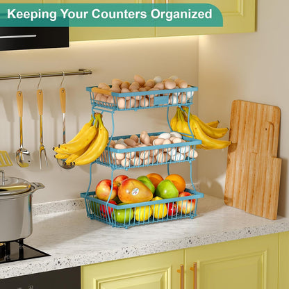 2 Tier Fruit Basket for Kitchen Counter with 2 Banana Hangers, Countertop Metal Bread Basket with Wooden Handle, Large Storage Stand for Vegetables, Snacks, Eggs, Produce Storage – Black