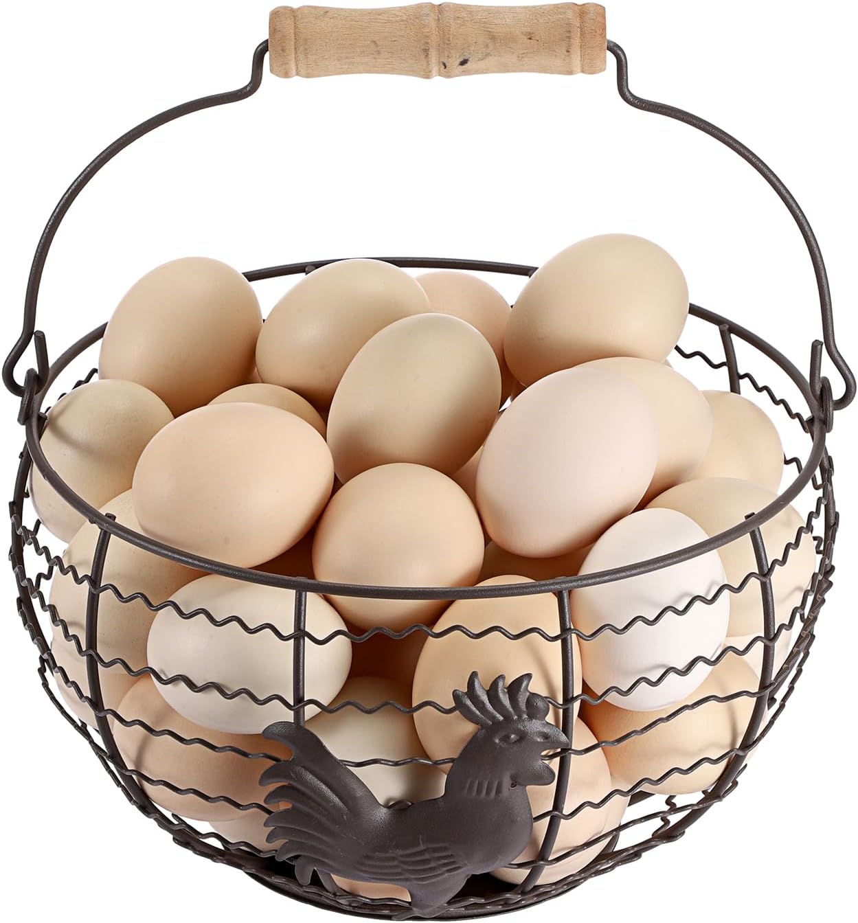 3 PCS 8’’ Farmhouse Egg Collecting Basket with Wood Handle, Rustic Metal Wire Chicken Eggs Holder Basket for Countertop Kitchen, Wire Egg Basket Vintage Style, Round, Rooster Pattern