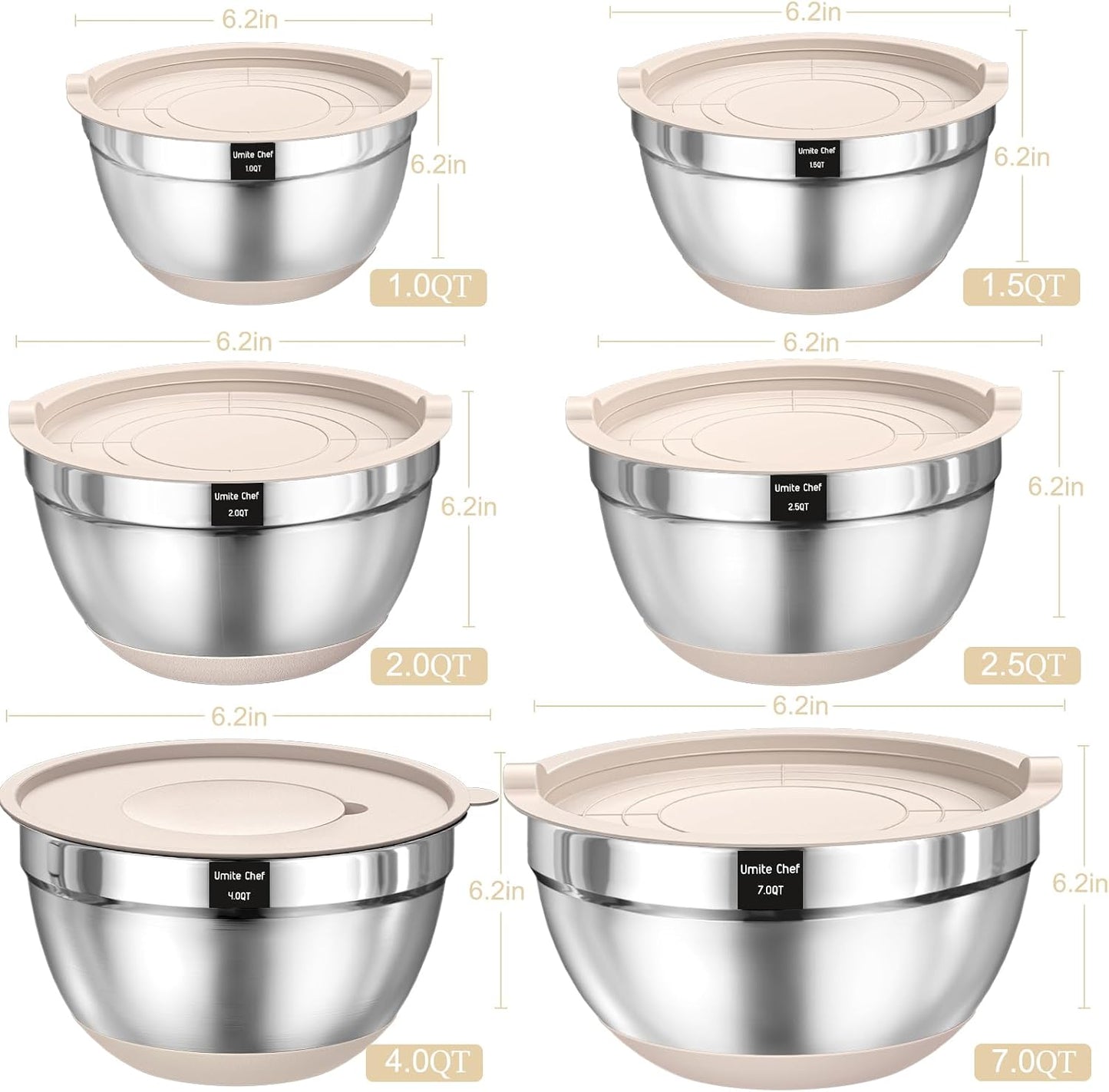 Thickened Heavy-Duty 26pcs Stainless Steel Bowl, Mixing Bowl Set with Lid, Grater Attachment, Non-Slip Bottom and Kitchen Gadget Set, Sizes 7, 4, 2.5, 2.0, 1.5, 1QT, Ideal for Mixing and Serving