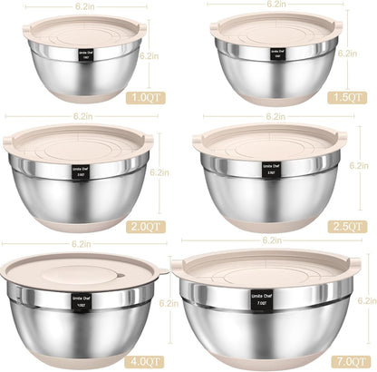 Thickened Heavy-Duty 26pcs Stainless Steel Bowl, Mixing Bowl Set with Lid, Grater Attachment, Non-Slip Bottom and Kitchen Gadget Set, Sizes 7, 4, 2.5, 2.0, 1.5, 1QT, Ideal for Mixing and Serving