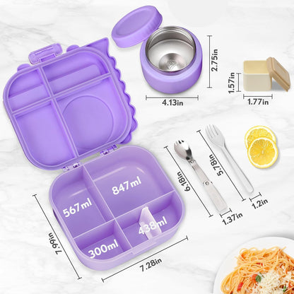 Lunch Box Kids with 5 Compartments, Insulated Food Jar & Utensils, Leak Proof Bento Box with Sauce Container, BPA-Free & Dishwasher Safe, Dinosaur Design(Purple)