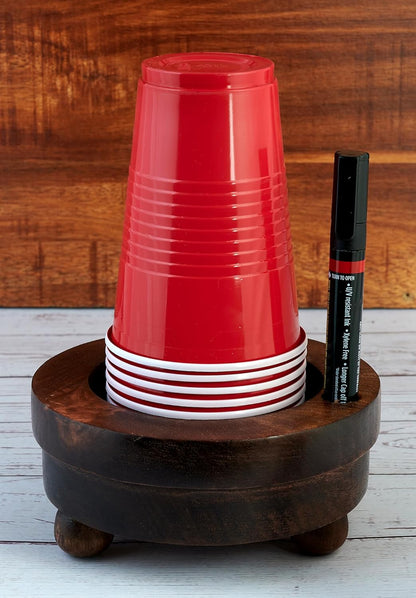 Wooden Party Cup Holder with Marker Slot, Disposable Solo Cup Holder Dispenser for Kitchen Bathroom- Paper Cup Drink up Organiser Rustic Finish 6" x 6" x 3" Inches Gifts Ideas