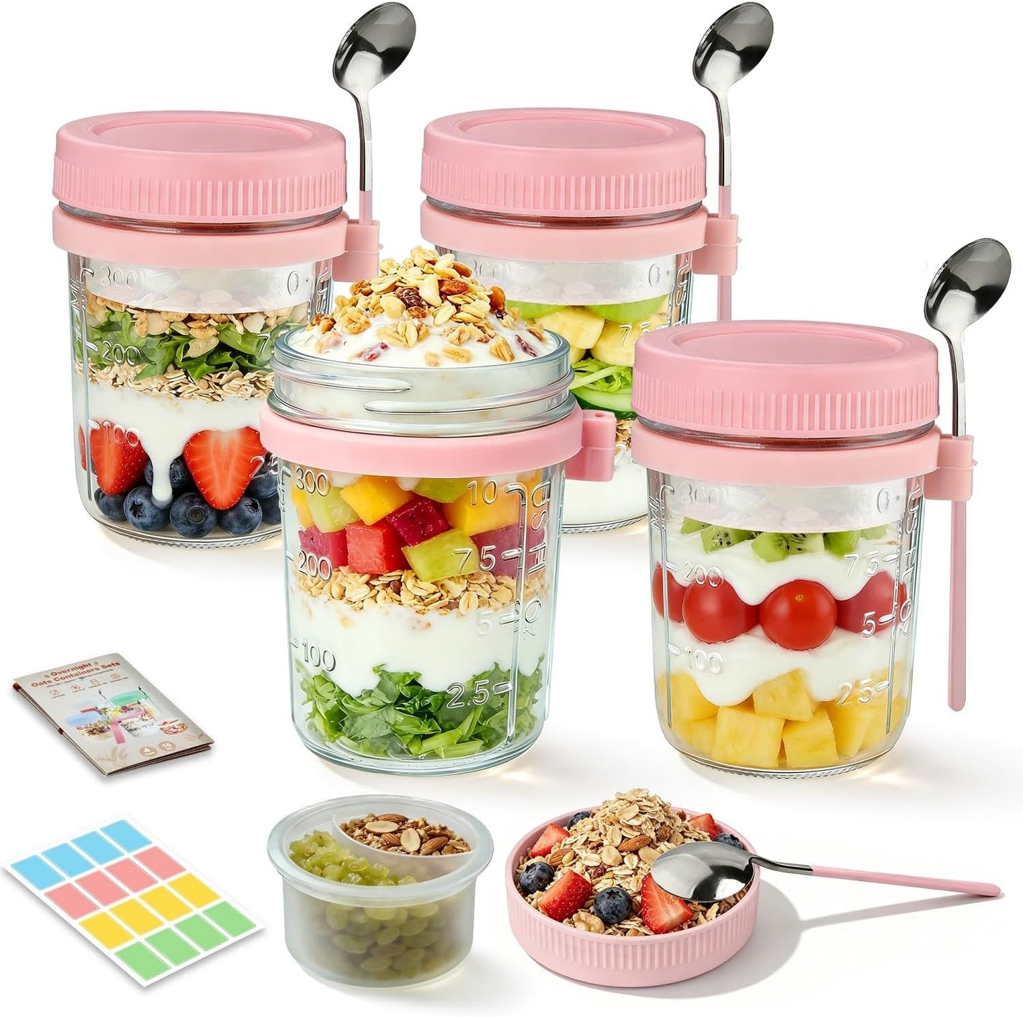 Overnight Oats Containers with Lids and Spoons - 4 Pack 16 oz Glass Mason Jars with Separate Compartments Airtight Overnight Oat Jars Leakproof Yogurt Parfait Cup for Oatmeal Chia Pudding Cereal Salad
