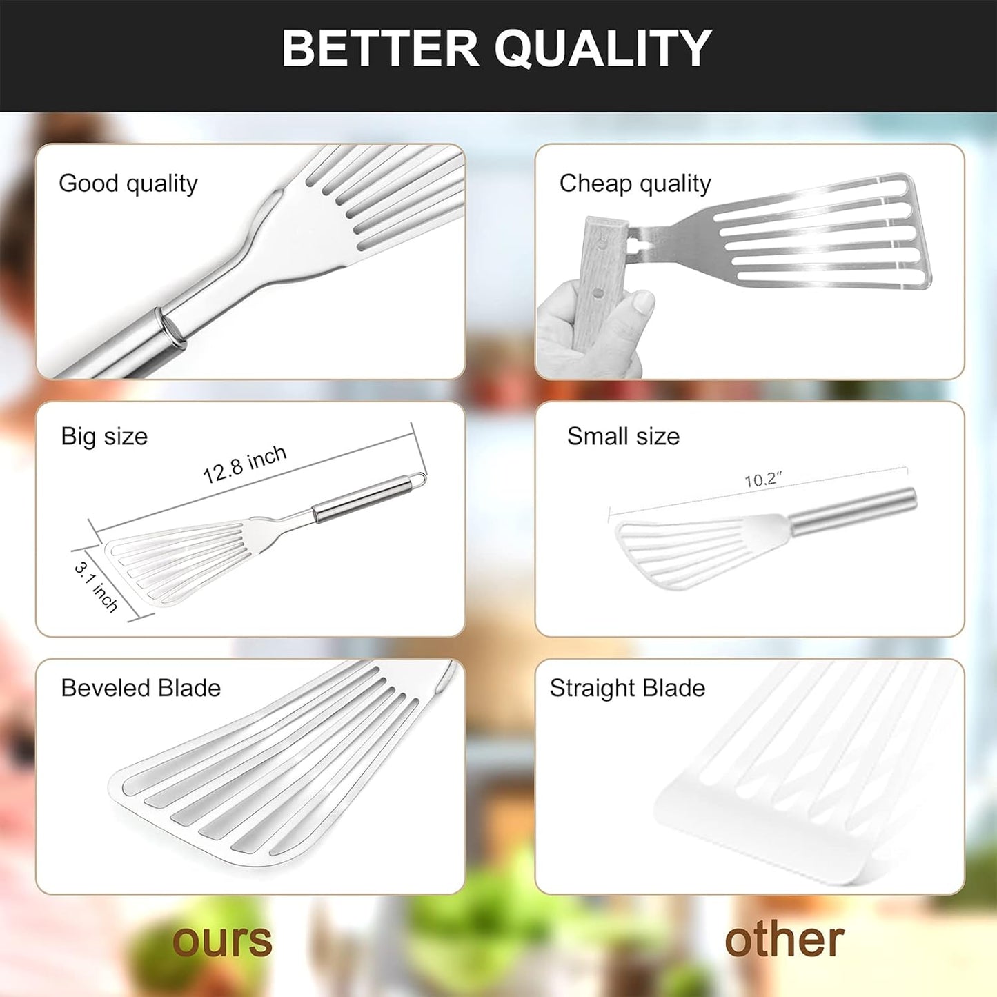 Cualork 2-Piece Premium Fish Spatula Set, Big Size Stainless Steel, Thickness Blade Turner for Cooking, Flipping, Frying and Grilling