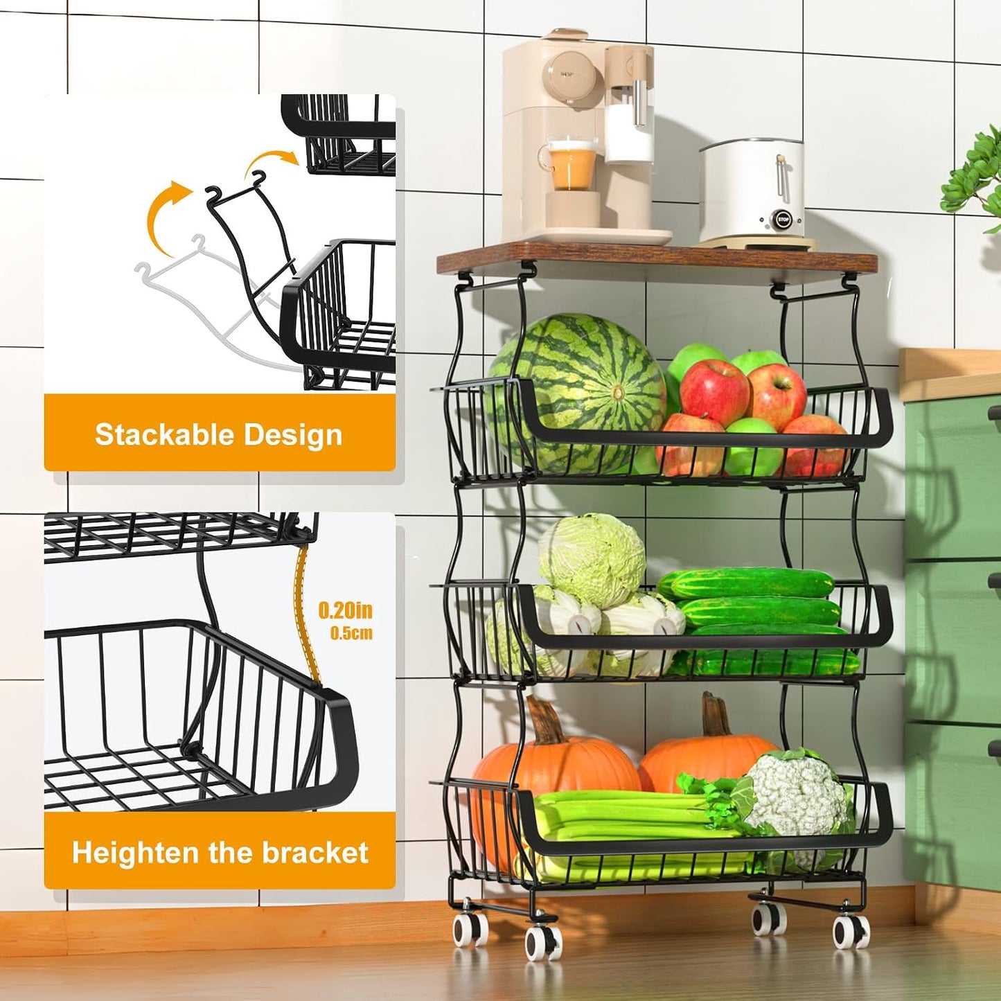 Gsiekare Fruit Vegetable Basket for Kitchen, 5 Tier Stackable Fruit Vegetable Storage Baskets with Wheels, Metal Wire Storage Basket Organizer Baskets for Kitchen, Pantry, Bathroom