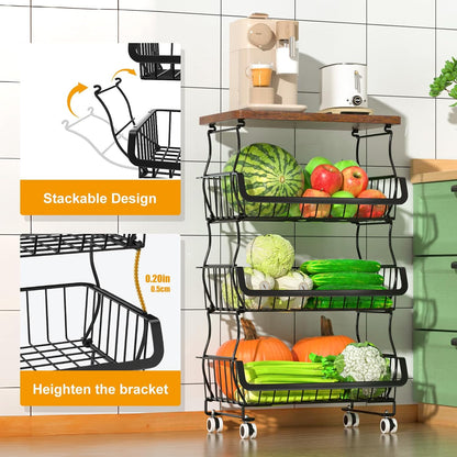 Gsiekare Fruit Vegetable Basket for Kitchen, 5 Tier Stackable Fruit Vegetable Storage Baskets with Wheels, Metal Wire Storage Basket Organizer Baskets for Kitchen, Pantry, Bathroom