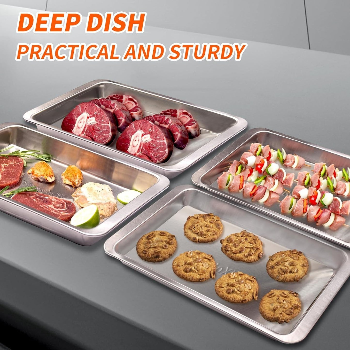 Grilling Prep and Serve Trays, Set of 2 Stackable Stainless Steel BBQ Trays, Deep Marinating Container, Serving Platter for Plating Food, BBQ Prep Tub for Marinating Meats, Grill Accessories