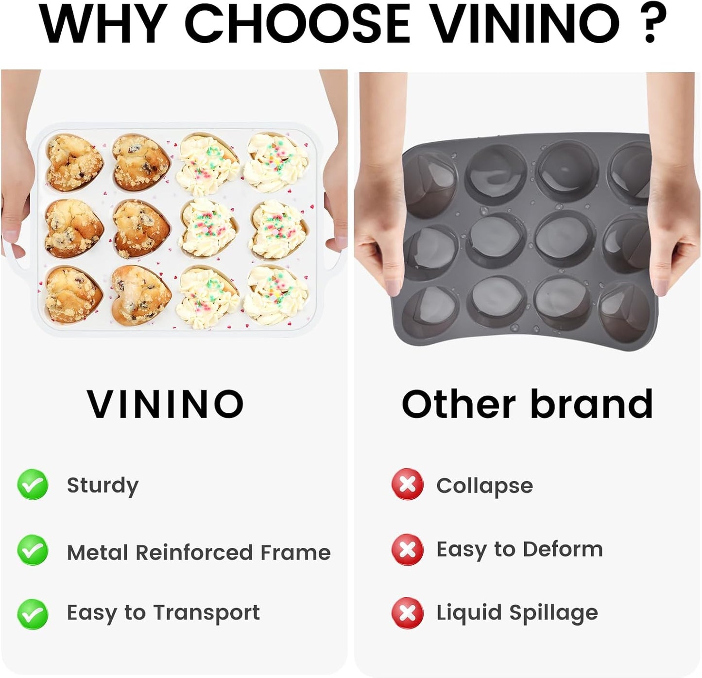 Vinino 2Pack Silicone Muffin Pan for Baking with Metal Reinforced Frame, 12 Cup Regular Size Cupcake Pan, BPA Free Silicone Muffin Tray, Cupcake Baking Pan Bite Molds for Oven Dishwasher Safe