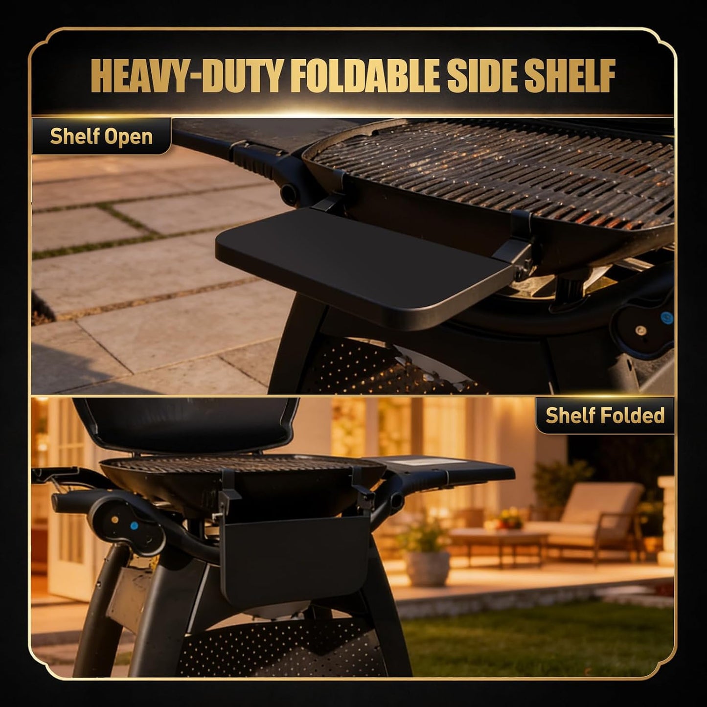 QuliMetal Folding Front Shelf for Traeger Pro 34, Texas Elite 34, Century 885 and Eastwood 34, 37" x 12" Heavy-Duty Grill Prep Table with Cutting Board, Stainless Steel Basin, Lid and 5 Hooks