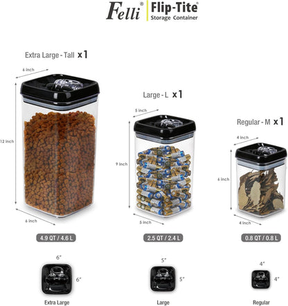 Felli Flip Tite Storage Container with Lid 4” RECTANGULAR Airtight Ring Flip Top, Stackable Kitchen Counter Pantry Organizer Acrylic Canister Jar for Pasta Spaghetti Cereal Granola Coffee (1.9qt)