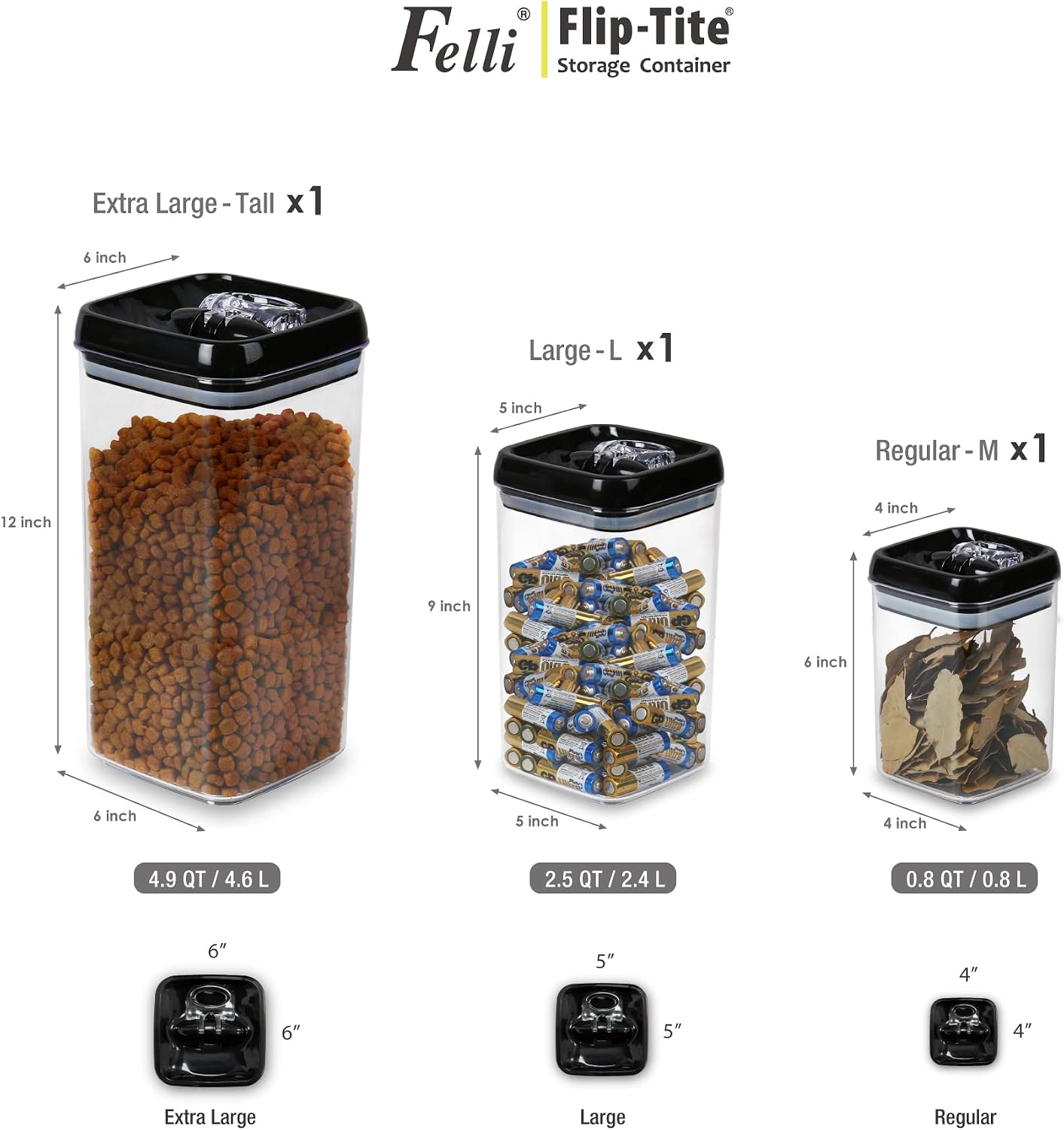 Felli Flip Tite Acrylic Food Storage Container with Lid 6” XL Air Tight Ring Seal Flip Top, Plastic Kitchen Baking Canister for 5 lb Flour Sugar Rice Protein Powder Pantry Organizer (Nest-M, White)