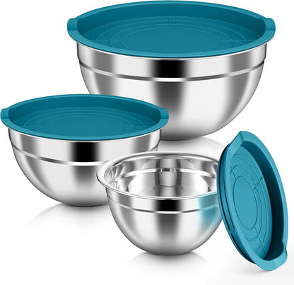 HaWare Mixing Bowls with Airtight Clear Lids, 6-Piece Stainless Steel Strong Nesting Bowls Set, Metal Salad Bowl for Cooking, Prepping, Baking, Serving & Food Storage, Size 4.6, 3, 1.5QT, Khaki