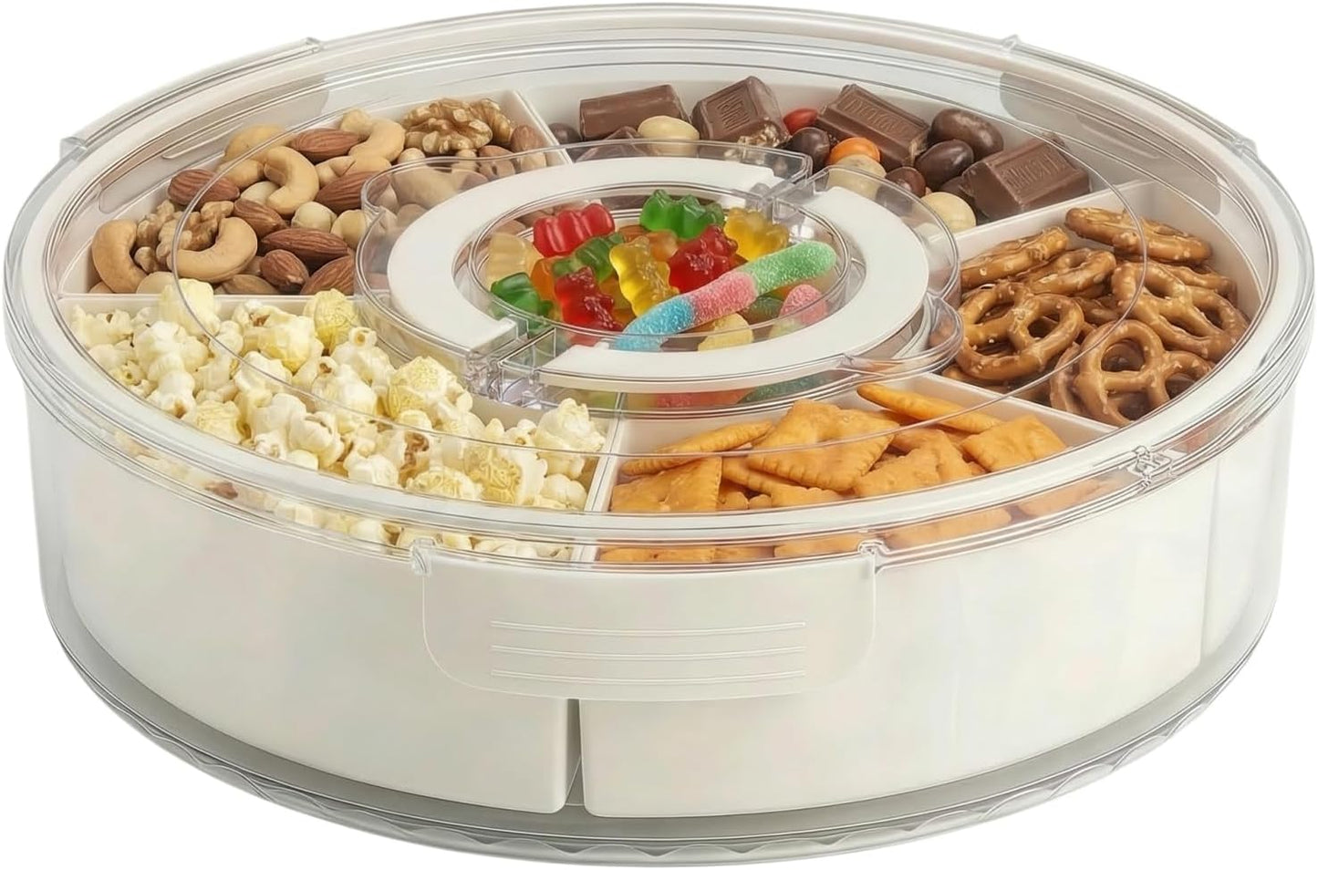 1-Pack Divided Serving Tray with Lid and Handle, 6-Compartment Snackle Box Container for Fruits Vegetables Snacks, Portable Spinning Round Veggie Tray for Kitchen Party Travel Picnic