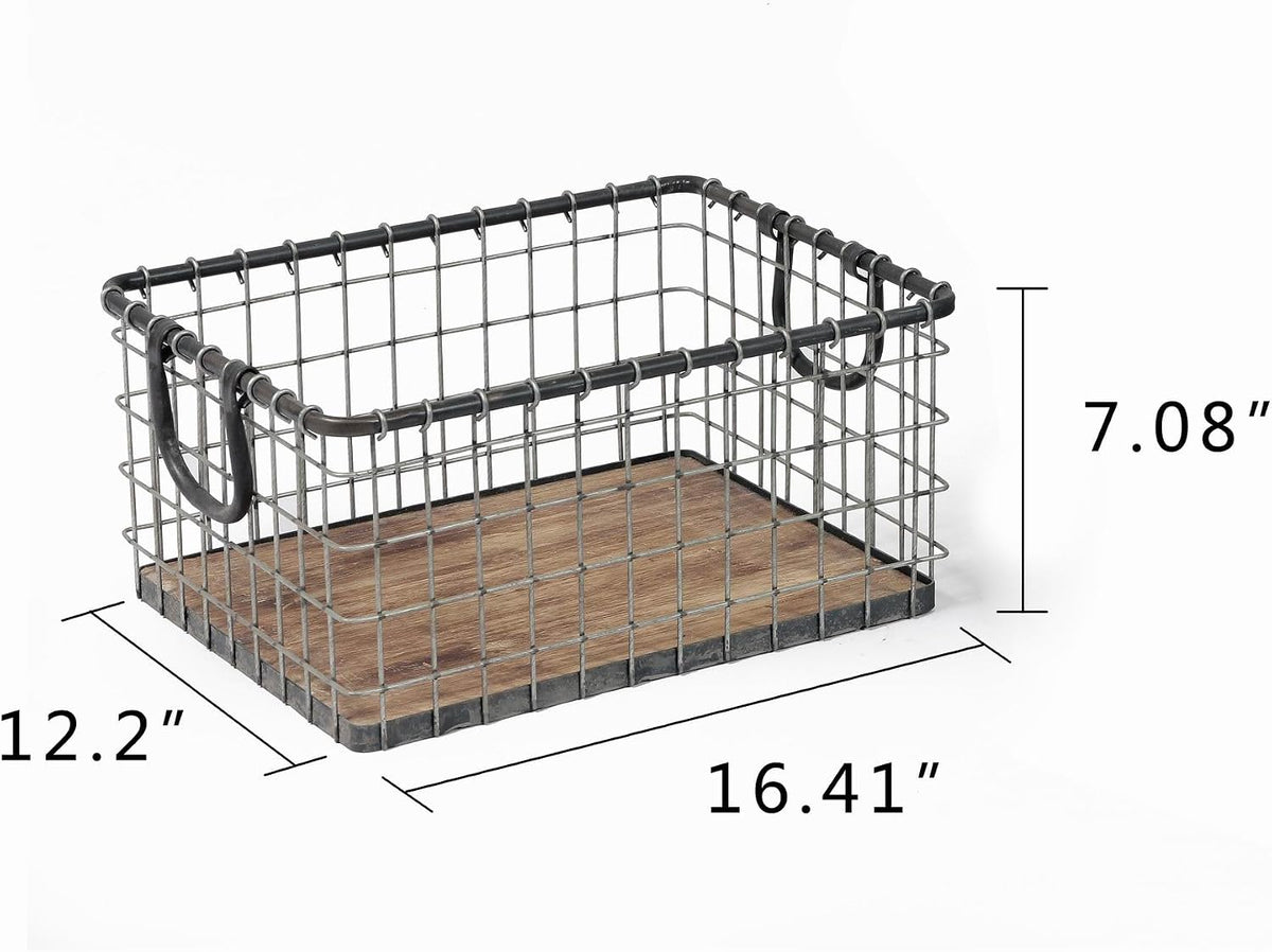 11.5" Wide Rectangular Sturdy Hand Welded Farmhouse Metal Wire Basket with Rustic Wooden Bottom For Shelves, Closet Storage Bins for Shelves. Also For Laundry, Towel, Spice Rack, Tool Box (11.5"x7")