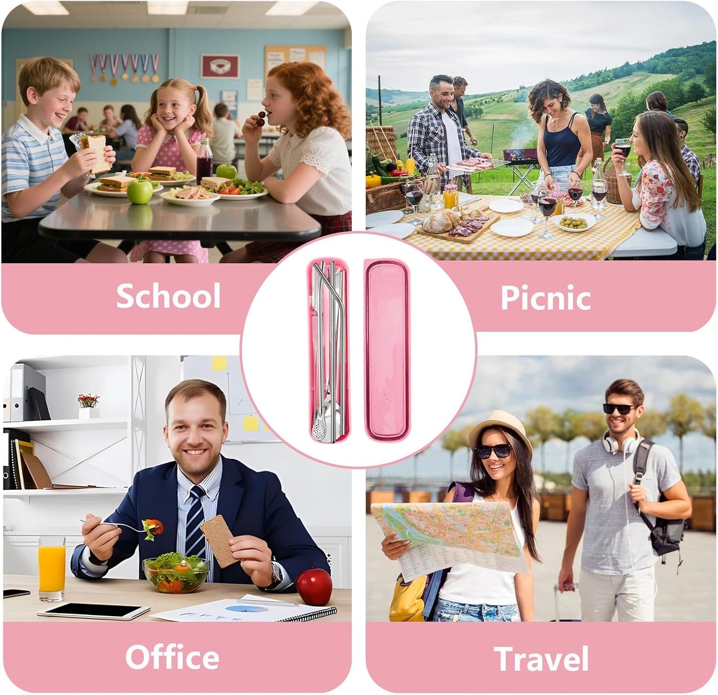 JEPELUS Pink Travel Utensils Set with Case, 10 Pieces Camping Cutlery Set Portable Reusable Flatware Silverware for Lunch Box, Stainless Steel Spoon Fork Chopsticks Knife Straws Sets, Dishwasher Safe
