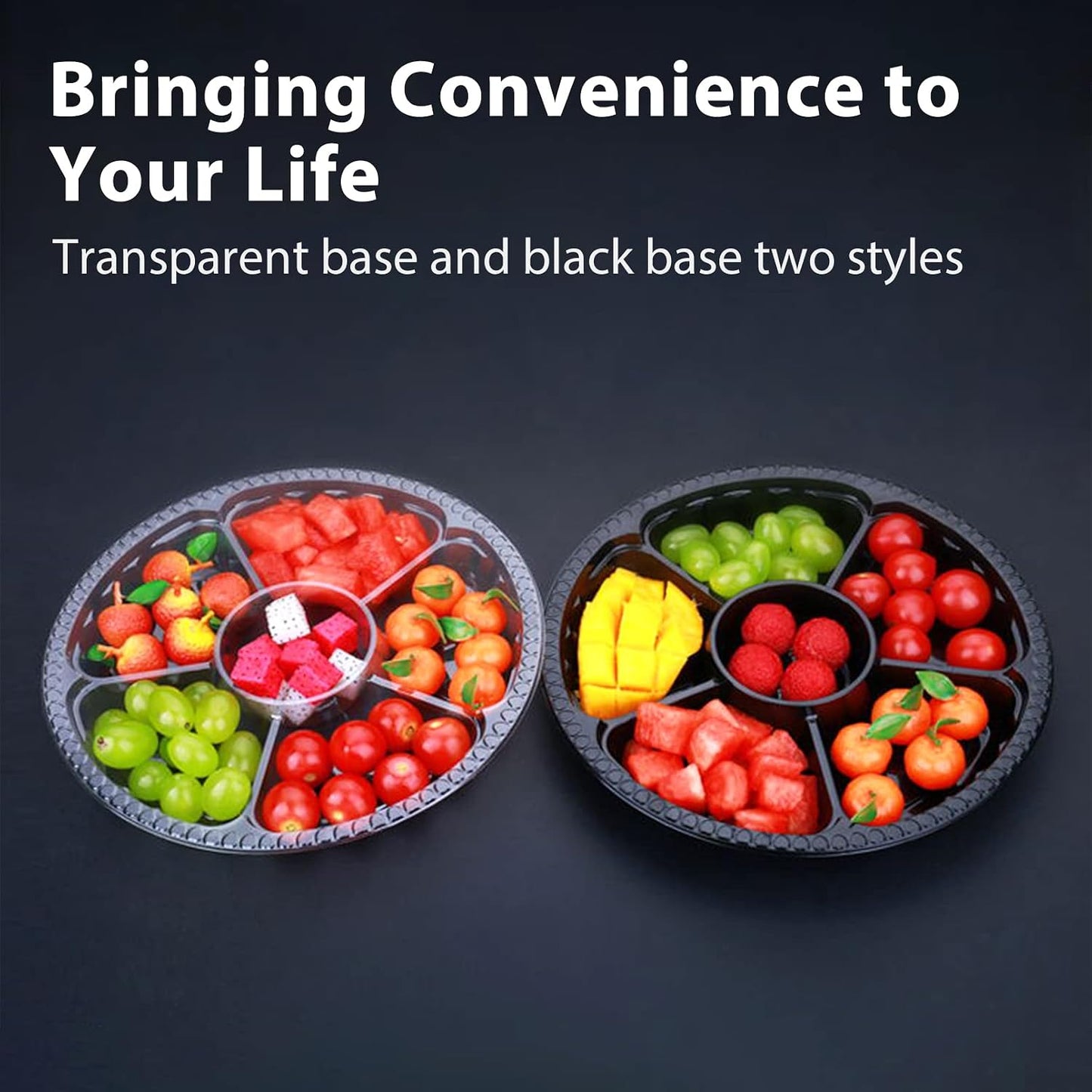 12Pcs Disposable Fruit Trays, Round Plastic Appetizer Serving Tray with Lid 5 Compartment Party Platters Divided Food Dip Containers for Snack Vegetable Salad Veggie Fruit Organizer-Black