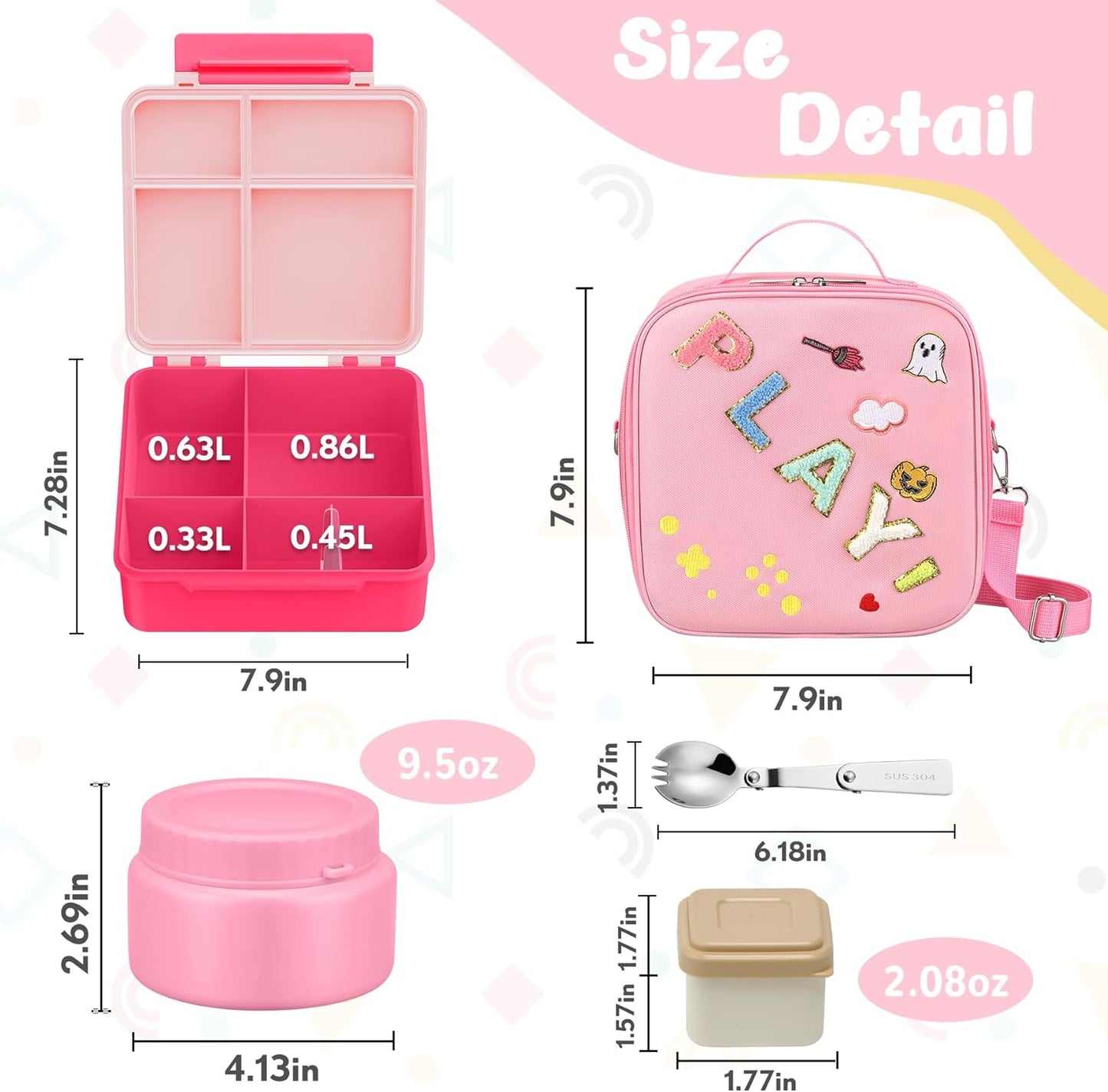 Kids Bento Lunch Box with Thermo, Include 9oz Soup Thermo, Kids Leakproof Lunch Box with 4 Compartment, Insulated Lunch Bag for Girls Boys to School Travel