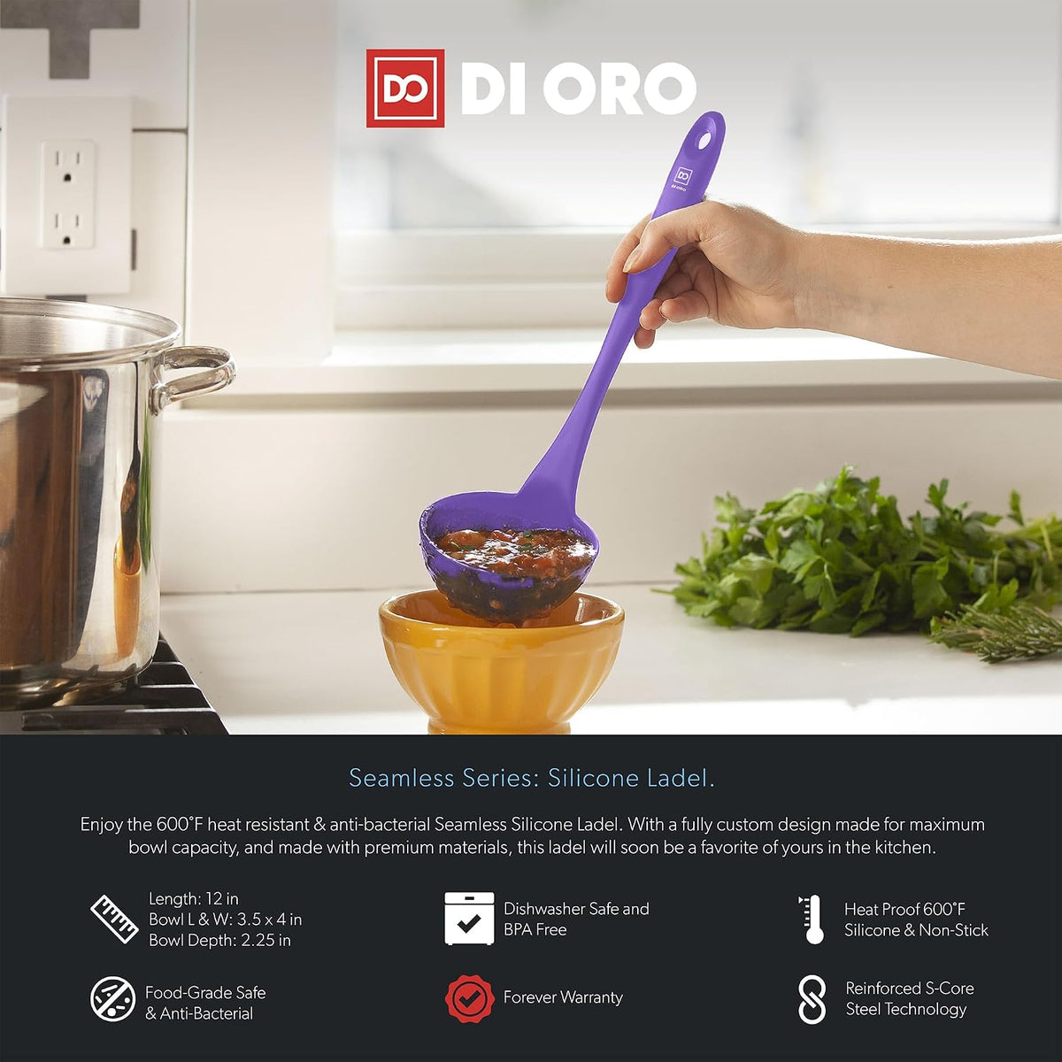 DI ORO Silicone Ladle - Soup & Serving, 600F Heat Resistant, Black