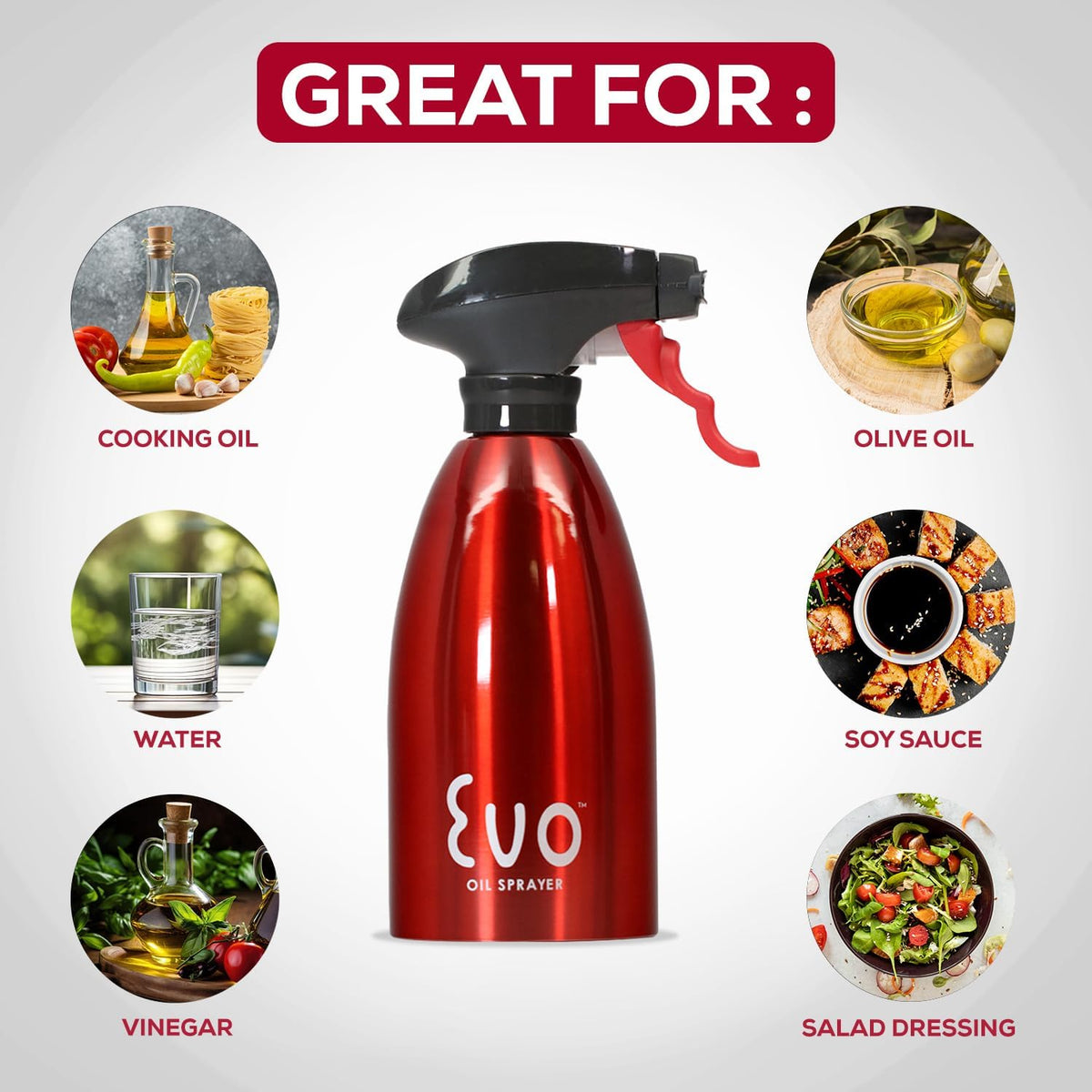 Evo Oil Sprayer 18/8 Stainless Steel, Non-Aerosol for Olive, Cooking Oils, and Vinegars, Silver, 16-Ounce Capacity